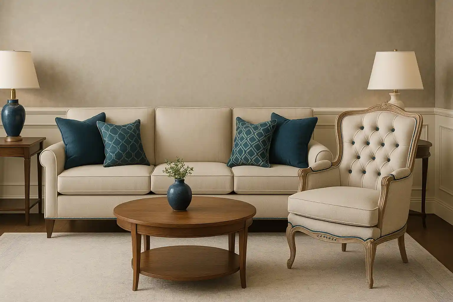 Salón elegante con papel pintado y muebles tapizados