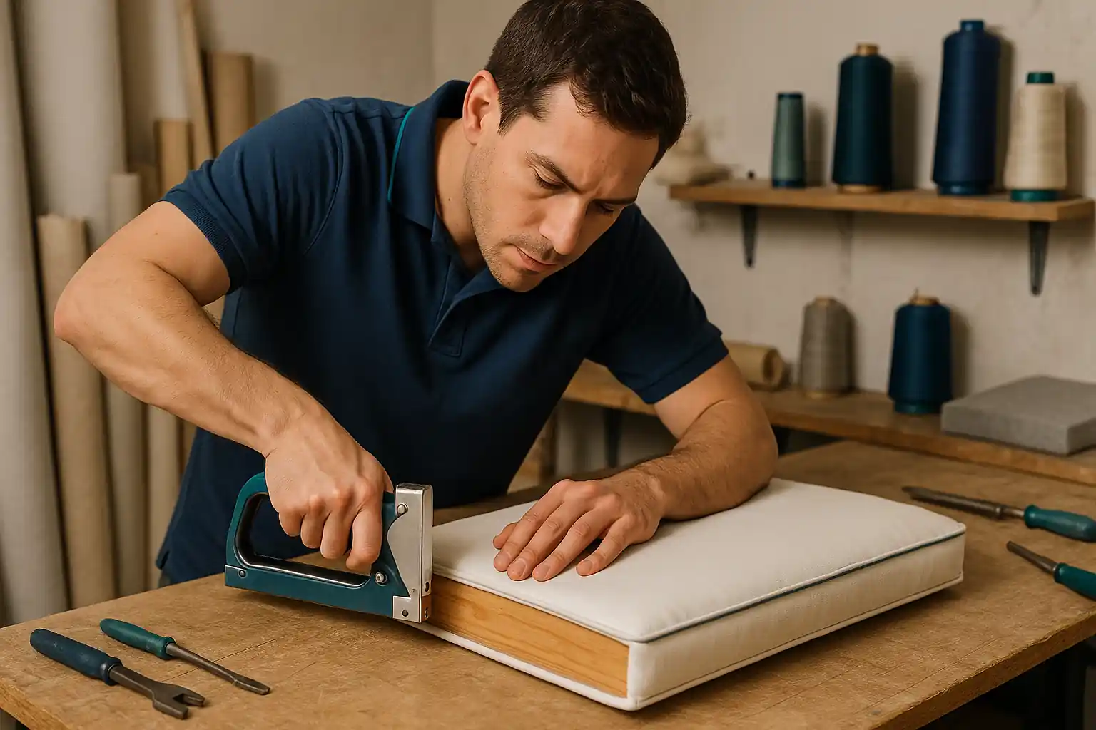 Artesanos trabajando en taller de tapicería en Majadahonda