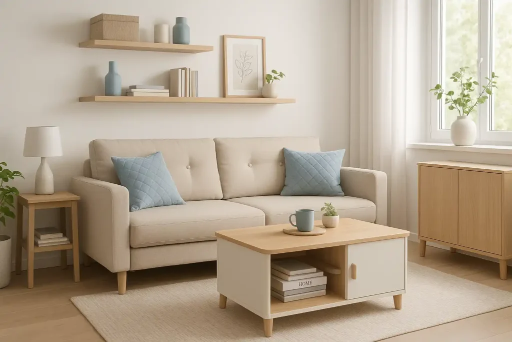 salón pequeño decorado estilo nórdico con muebles multifuncionales Madrid