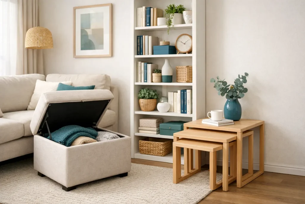 soluciones de almacenaje vertical para salón pequeño con estanterías pufs y mesas nido funcionales