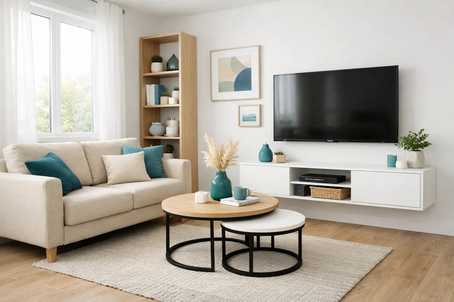 salón pequeño moderno amueblado con presupuesto de 2000 euros con sofá compacto mueble TV y decoración funcional